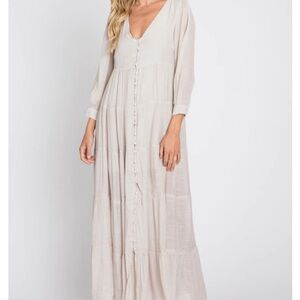 Pinkblush In Loom beige button front tiered maxi dress Small